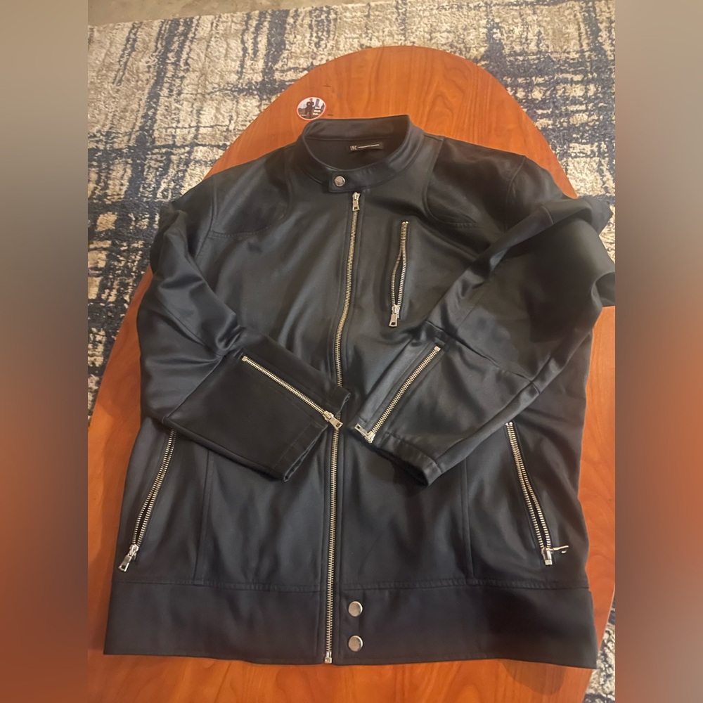 INC International Concepts Black Faux Leather Bomber Jacket with Silver Zippers